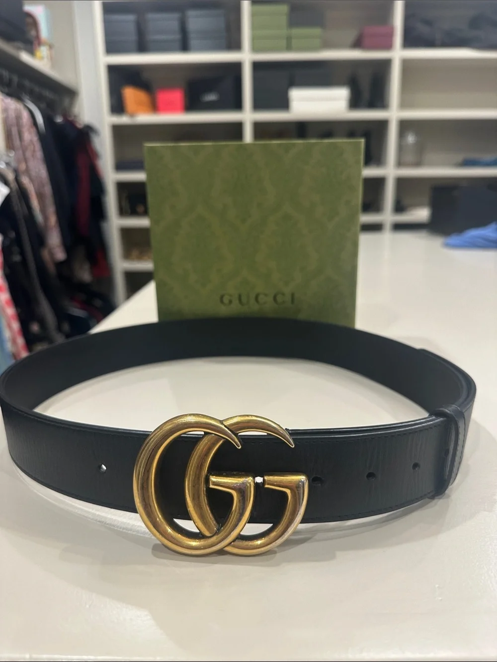 Gucci Black Leather Belt with Antiqued Gold Double G Buckle
